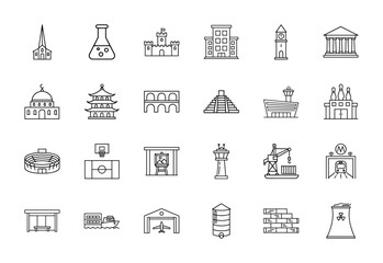 Architecture and industry line icon set. Vector pictograms of church, castle, building, mosque, pyramid, airport, stadium, crane, metro, and nuclear plant, thin linear illustration.