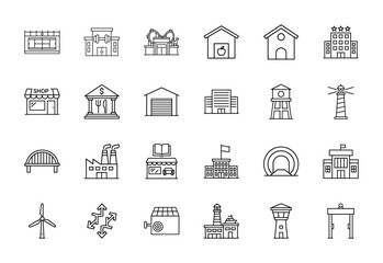 City and urban buildings line icon set. Vector pictograms of hotels, shops, houses, factories, lighthouses, bridges, water towers, and wind turbines, thin linear illustration.