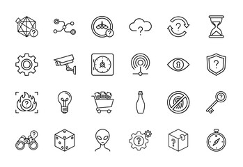 Fototapeta premium Mystery and solution line icon set. Vector pictograms of question marks, gear, cloud, security camera, safe, lightbulb, hourglass, key, compass, thin linear illustration.