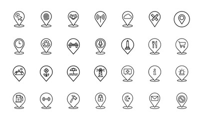 Location line icon set. Vector pictograms of pointers, fingerprint, handshake, Wi-Fi, cloud, clock, recycle, mountains, medical, security, and warning, thin linear illustration.