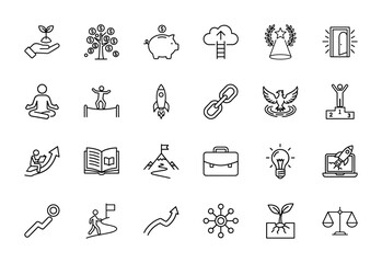 Business success and growth line icon set. Vector pictograms of hand holding sprout, money tree, piggy bank, rocket, trophy, briefcase, lightbulb, scales, thin linear illustration.