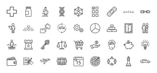 Multipurpose line icon set. Vector pictograms of medical cross, microscope, DNA, gears, shopping cart, wallet, airplane, calendar, lightbulb, thin linear illustration.