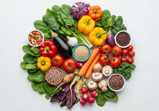 Top-down photograph of assorted organic unprocessed foods arranged in a circular pattern, showcasing textures, colors, and shapes in vibrant natural lighting