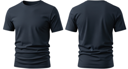 Front and back view of a plain dark navy blue short sleeve t shirt mockup on a black background
