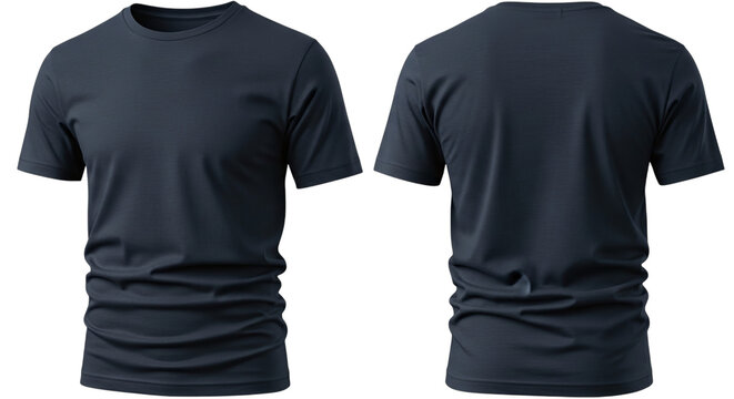 Front and back view of a plain dark navy blue short sleeve t shirt mockup on a black background