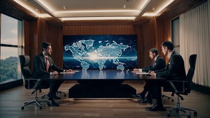 Executive meeting around conference table. Corporate boardroom features strategy presentation on global map screen. Negotiation and partnership discussion centers on finance and technology topics. Go. - Powered by Adobe