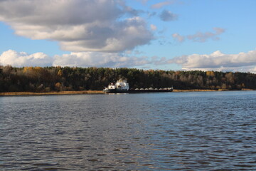 a ferry with cargo on the river, with a forest in the background,