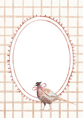 Watercolor Template Frame with chekered background and pheasant. Cozy autumn design. Whimsical vintage element in cottagecore style for invitation, social media and posters.