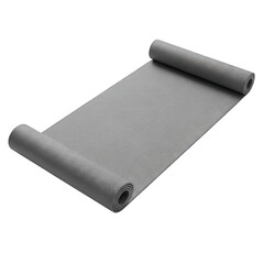 Gray yoga mat rolled out on transparent background