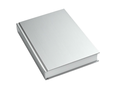 A shiny silver book, slightly angled, with a clean cover and crisp page edges
