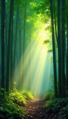 Serene bamboo forest bathed in soft morning light, mist clinging to the leaves, creating a tranquil and peaceful atmosphere The scene evokes a sense of calm and natural beauty , spiritual, oxygen