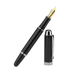 Black fountain pen with gold nib on transparent background