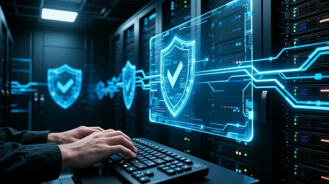 Cybersecurity analyst in data center, secure server room network, shield icons and firewall, hands typing keyboard monitoring dark data