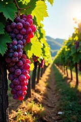 Sun-drenched vineyard overflowing with ripe, ready-for-harvest grapes hanging heavy on the vines A picturesque autumn scene of abundance and the promise of wine , grapes on vine, winemaking, rural