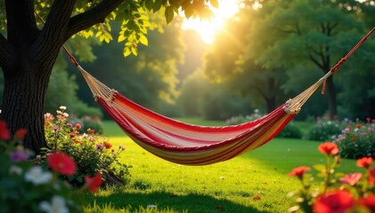 Serene scene of a sun-drenched hammock gently swaying in a tranquil garden, surrounded by lush greenery and vibrant flowers, perfect for ultimate relaxation , plants, hammock