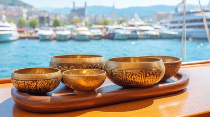 bowls with engraved patterns on a wooden tray