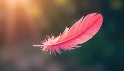 A single pink flamingo feather gently drifts away on a light breeze, leaving a trail of soft pink in its wake The feather is the focal point against a blurred, natural background , hue, color