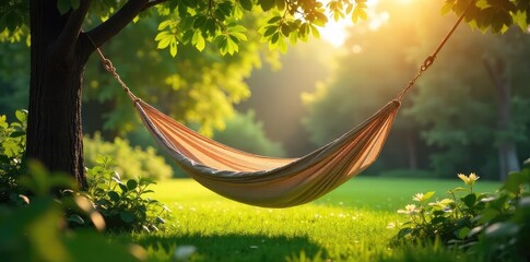 Serene hammock sways gently in a lush green garden, bathed in warm sunlight Perfect for relaxation and peaceful escape Ideal for travel, vacation, and wellness themes , comfort, restful, meditation