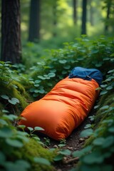 Cozy backpack sleeping bag nestled amongst lush green foliage, perfect for outdoor adventures and camping trips Ideal for backpacking, hiking, and nature escapes , camping gear, polyester