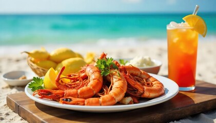 A delicious seafood feast enjoyed on a sunny beach, complete with vibrant garnishes and refreshing drinks The perfect summer escape captured in a single image , getaway, juice, gourmet