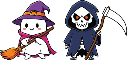 Cute ghost witch with broom and skeleton Grim Reaper holding scythe, spooky Halloween cartoon design, festive artwork, creepy vector illustration, cad drawing flat vector illustration