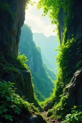 Lush green vines climb and cascade over a dramatic, rocky landscape, creating a breathtaking natural tapestry Sunlight filters through the leaves, illuminating the vibrant foliage , botany, growth