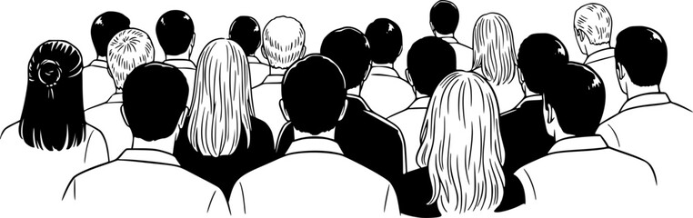 People heads silhouette. The audience sitting back view vector illustration. Back crowd.	
