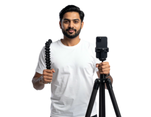 Confident man in white tee with phone on tripod and holding flexible support