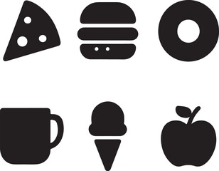 Simple black icons depicting various food and beverage items shown