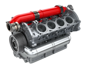 Detailed view of a metallic, complex engine with red piping and a pulley