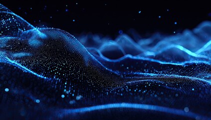 Abstract, flowing, blue digital landscape with glowing particles against a dark backdrop