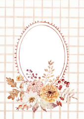 Watercolor Template Frame with chekered background and bouquet of autumn flowers and berries. Cozy autumn design. Whimsical vintage element in cottagecore style for invitation.