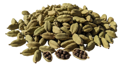 A pile of green cardamom pods some split open revealing tiny black seeds isolated on a black background