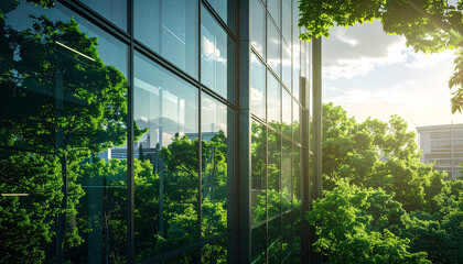 Eco-Friendly Building Reflection: The sun-drenched facade of a modern building mirrors the surrounding lush, green environment. A visual ode to sustainable architecture. 