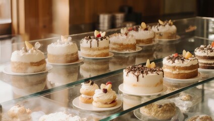 Delicious Cakes on Display in a Bakery Showcase.