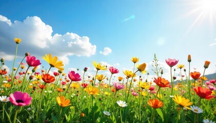A vibrant field of wildflowers in full bloom under a bright spring sky Perfect for themes of renewal, growth, and the beauty of nature's awakening , bloom, caucasian, buttercup