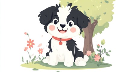 Black and white puppy sitting on grass with flowers near tree for children
