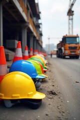 A diverse array of safety equipment, including helmets, vests, and cones, strategically placed at a bustling construction site, emphasizing workplace safety protocols , caution, development, health