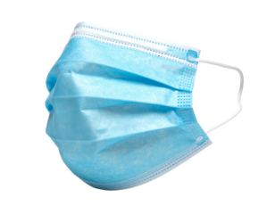 Light blue, pleated disposable facial protection, white ear loops, isolated on black