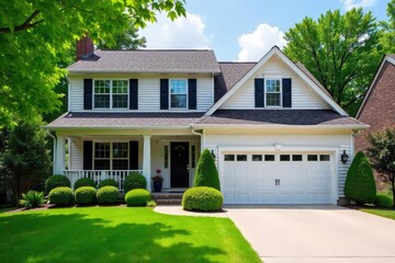 Cozy suburban home with a well-manicured lawn and attached garage, perfect for a family The inviting front porch offers a relaxing spot to unwind , exterior, landscaping