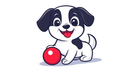 Cartoon dog plays with red ball on white background, for children's illustration