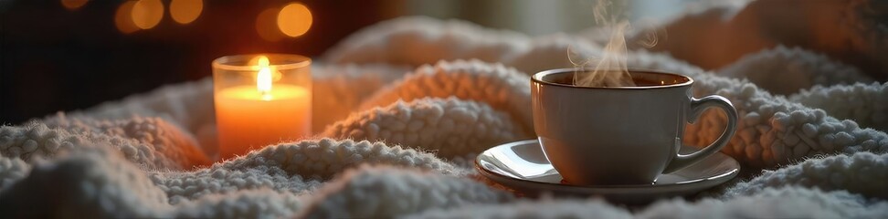 A serene scene of a steaming mug beside a cozy blanket and a lit candle, perfect for relaxation ,  tea,  interior
