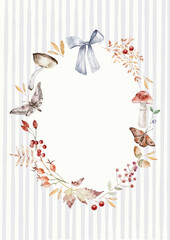 Watercolor Template Frame with stripes background, moth and mushroom. Cozy autumn design. Whimsical vintage element in cottagecore style for invitation, social media and posters.