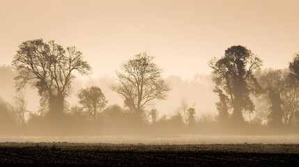 Obraz premium Silhouetted trees stand in a misty morning landscape.