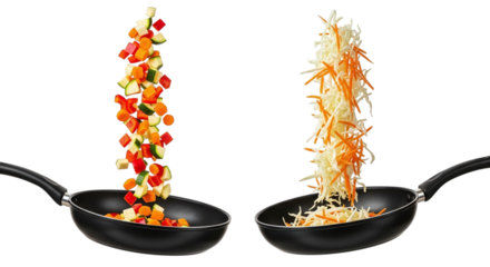 Freshly chopped vegetables and shredded carrots falling into two frying pans on a black background