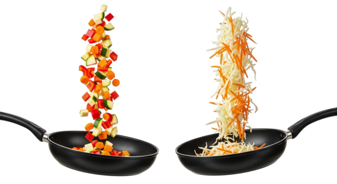 Freshly chopped vegetables and shredded carrots falling into two frying pans on a black background