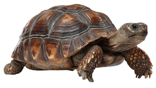 A beautiful turtle is walking slowly isolated on transparent background, with its patterned shell and scaly legs, a symbol of longevity