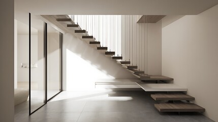 Elegant staircase design in a bright, minimalist interior with natural light, featuring wooden steps and a glass partition, creating a modern and open space