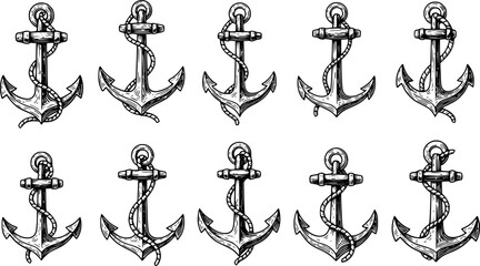 Set of Anchors Clip-Art Collection: Vector Illustration of Classic Retro Nautical Anchor in Engraving Technique, Marine, Sailing, Sea.
