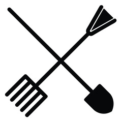 flat vector icon of garden rake and shovel crosse